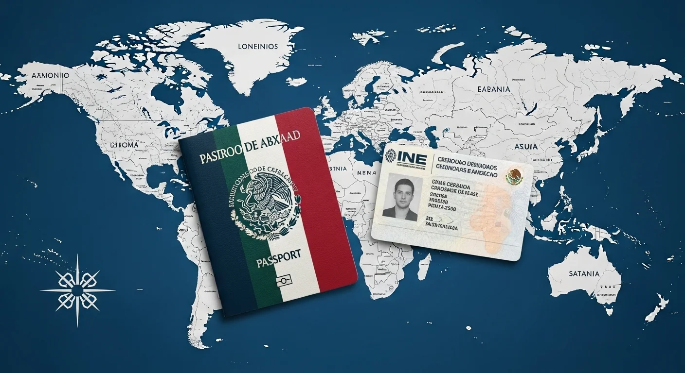 Imagen de un pasaporte mexicano y una credencial del INE sobre un mapa del mundo, simbolizando los trámites y derechos del gobierno mexicano para sus ciudadanos en el extranjero.