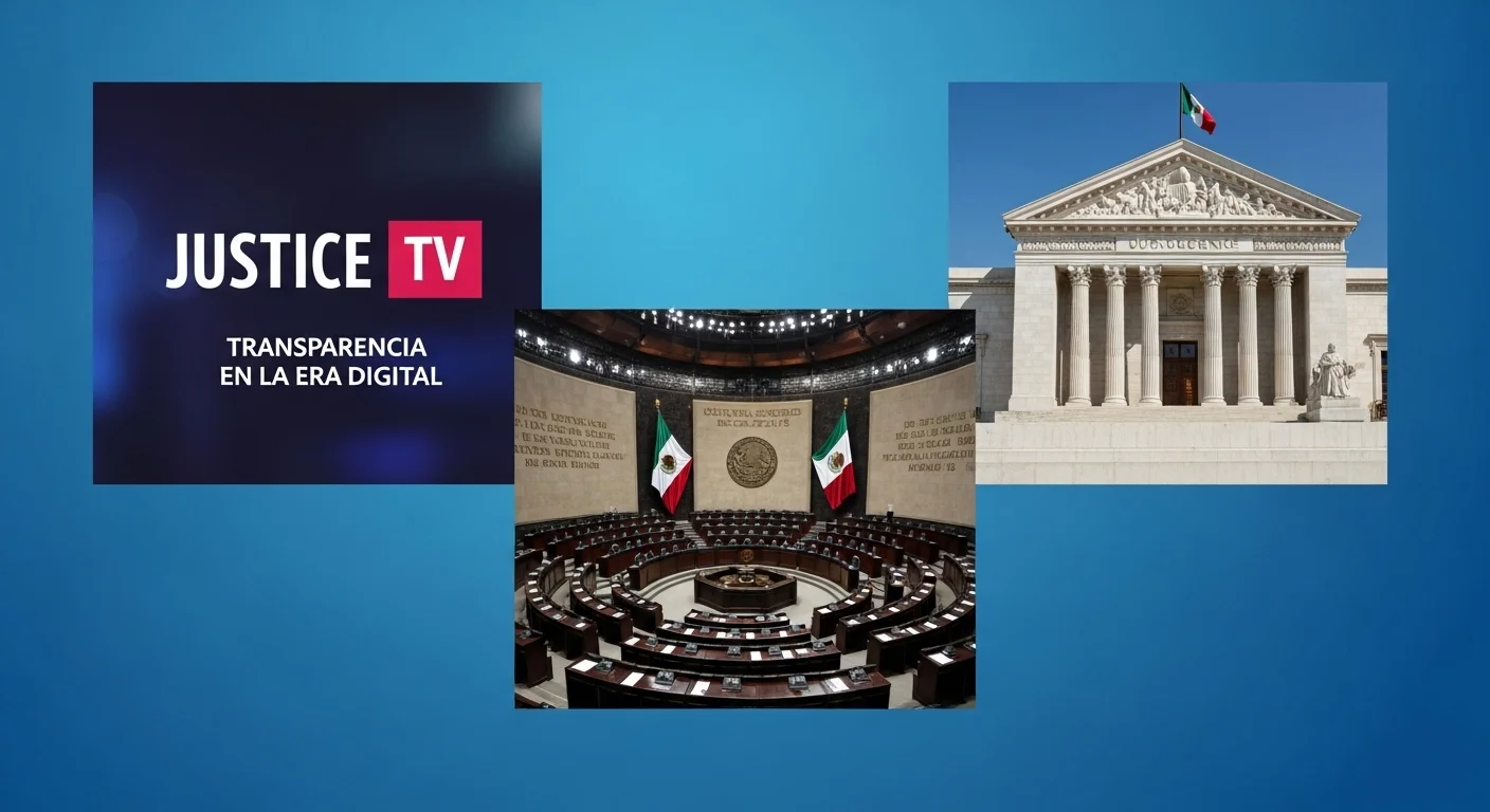 Collage de imágenes mostrando el logo de Justicia TV, el hemiciclo del Senado y la fachada de la Suprema Corte, simbolizando la transparencia del gobierno mexicano a través de la Tv En Vivo.
