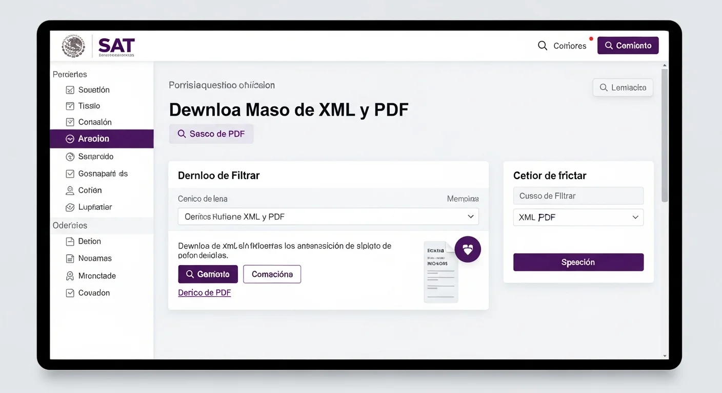 Portal del SAT del gobierno de México para la descarga masiva de facturas XML y PDF.