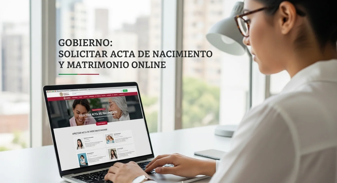 Una persona utilizando una laptop para acceder al portal del gobierno de México y solicitar su acta de nacimiento en línea.