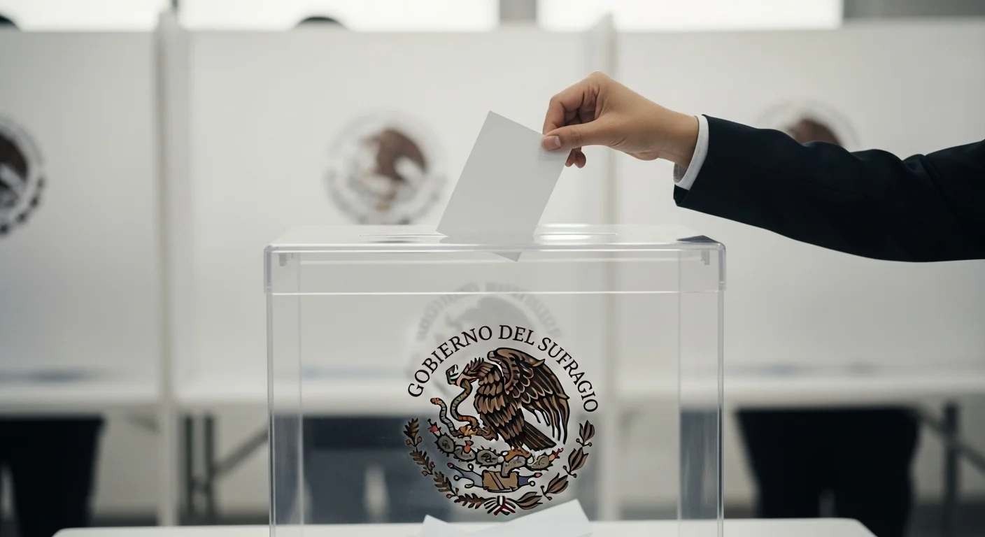 Una mano depositando un voto en una urna transparente con el águila del escudo mexicano, simbolizando la democracia y el rol del gobierno en las elecciones.