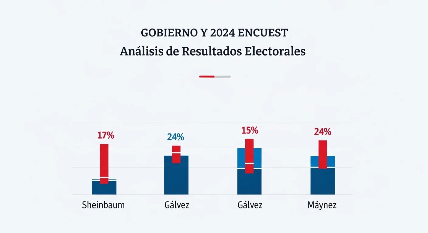 Gráfica mostrando los resultados de la elección presidencial de México 2024 con los porcentajes de voto para Sheinbaum, Gálvez y Máynez.