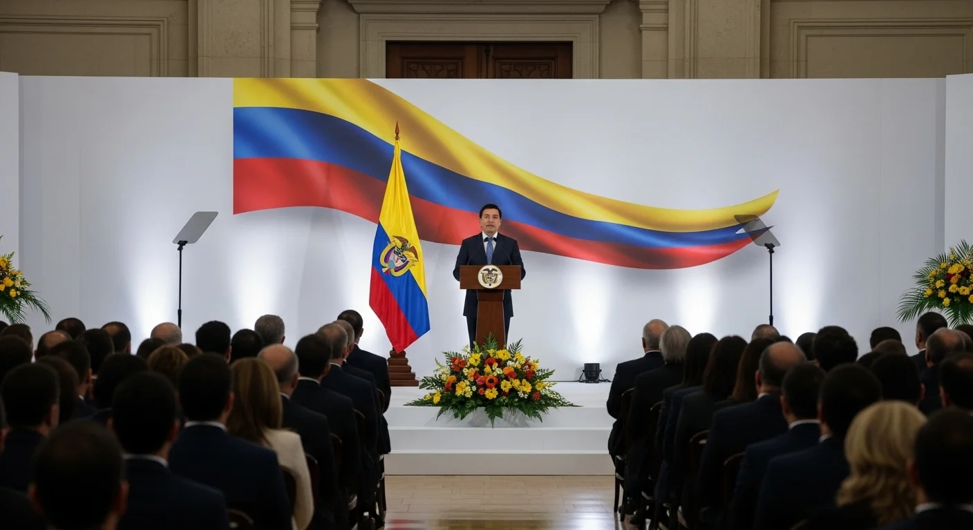 El presidente Gustavo Petro en un evento oficial, con la bandera de Colombia de fondo, simbolizando el análisis de su gobierno.
