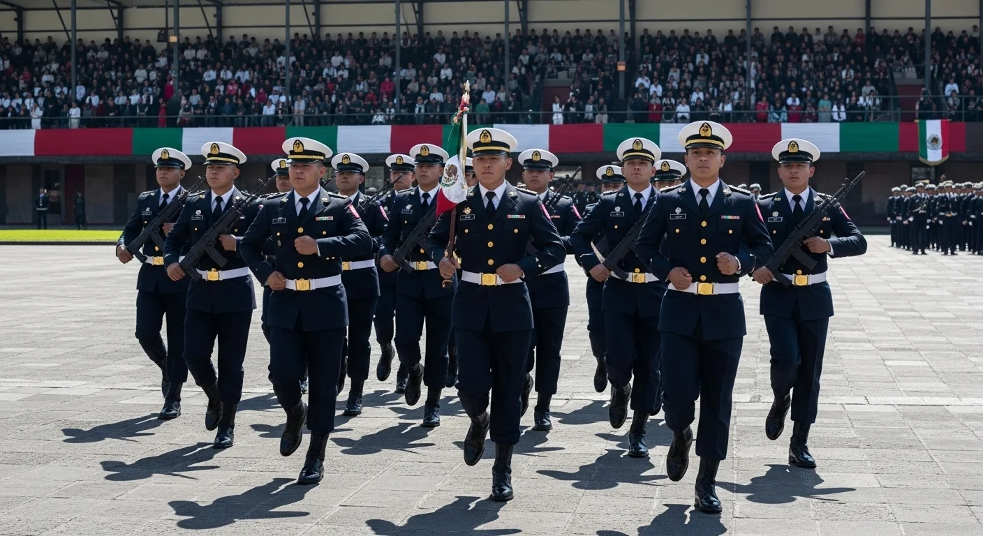 Infantes de la Secretaría de Marina Armada de México marchando en un desfile militar, mostrando la disciplina de la institución del gobierno.