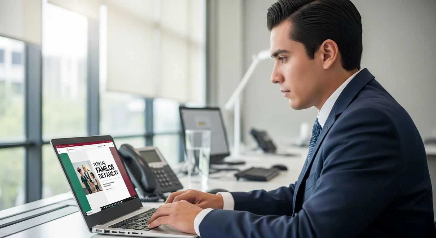 Una persona utilizando una computadora para acceder al portal del juzgado de familia virtual, representando la modernización del gobierno mexicano.