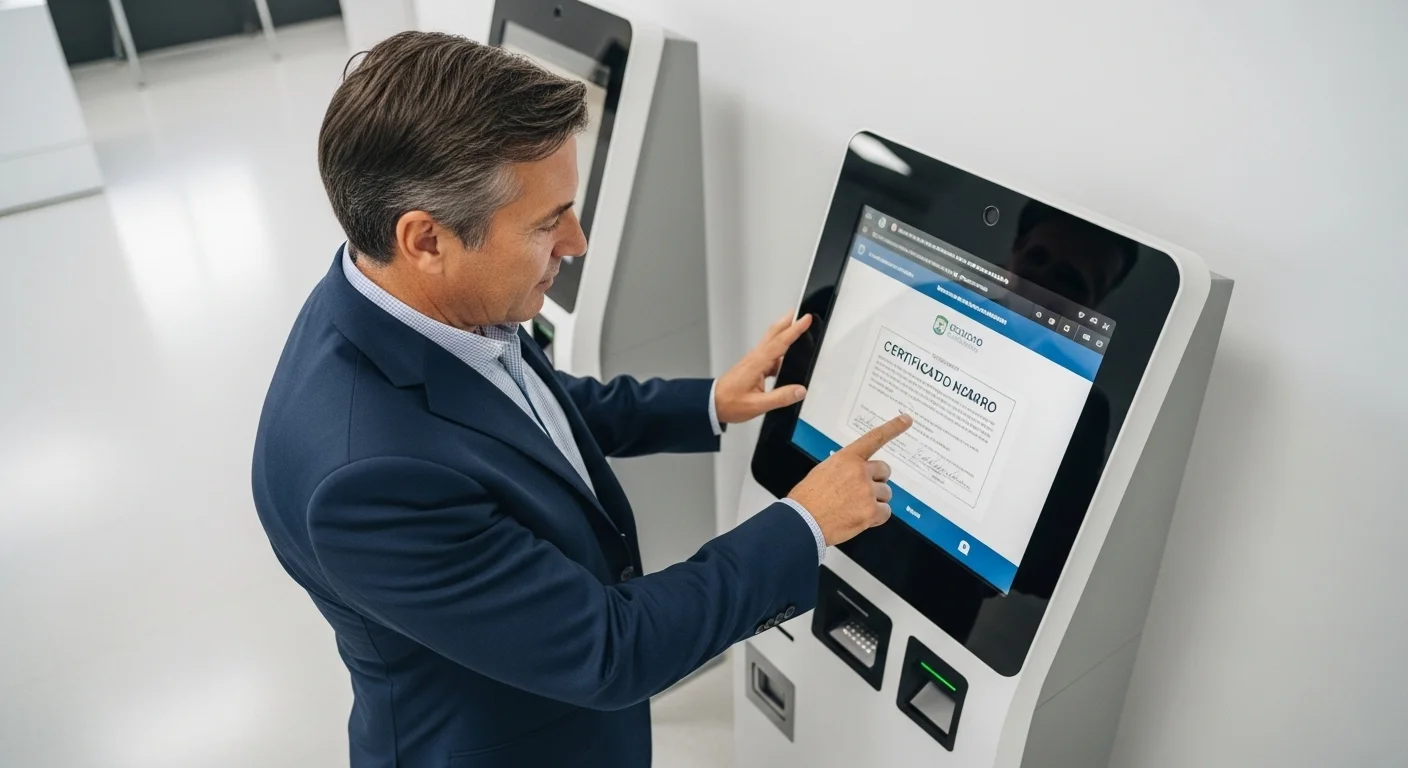 Ciudadano utilizando un kiosco del gobierno para descargar partida de nacimiento actualizada.