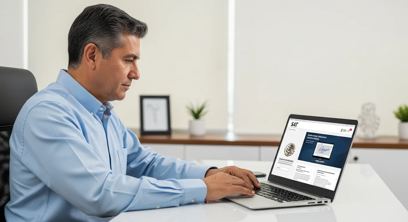 Una persona utilizando una laptop para acceder al portal del SAT en linea, con gráficos de la firma electrónica y el logo del gobierno de México.