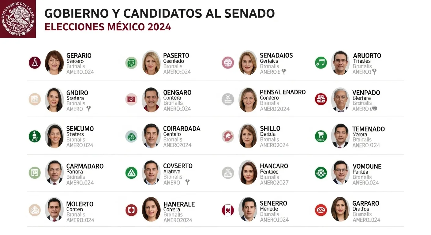 Infografía mostrando la lista de candidatos al senado 2024 de los diferentes partidos políticos en México.