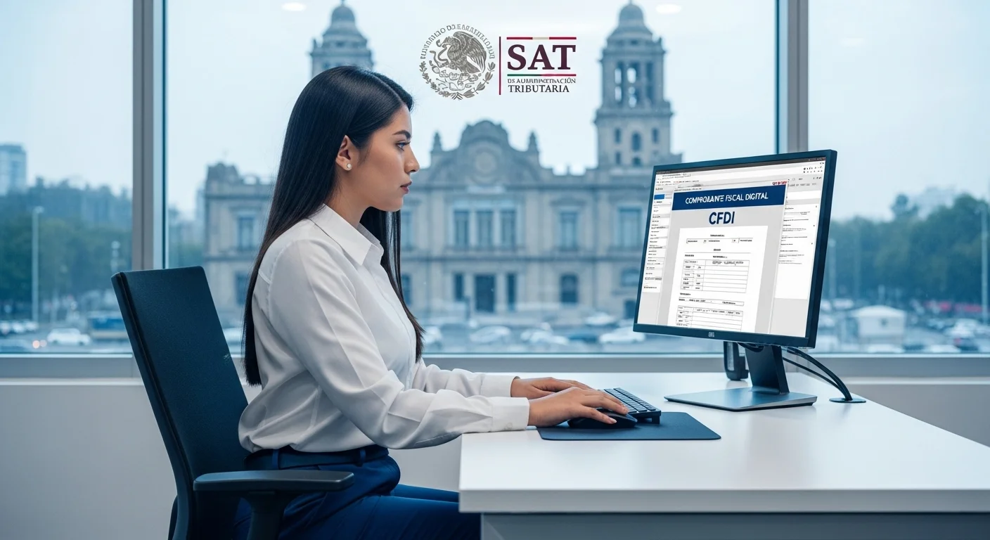 Funcionario público en su escritorio revisando un CFDI de nómina en una pantalla, con el Palacio Nacional y el logo del SAT de fondo, simbolizando la nómina y el gobierno.