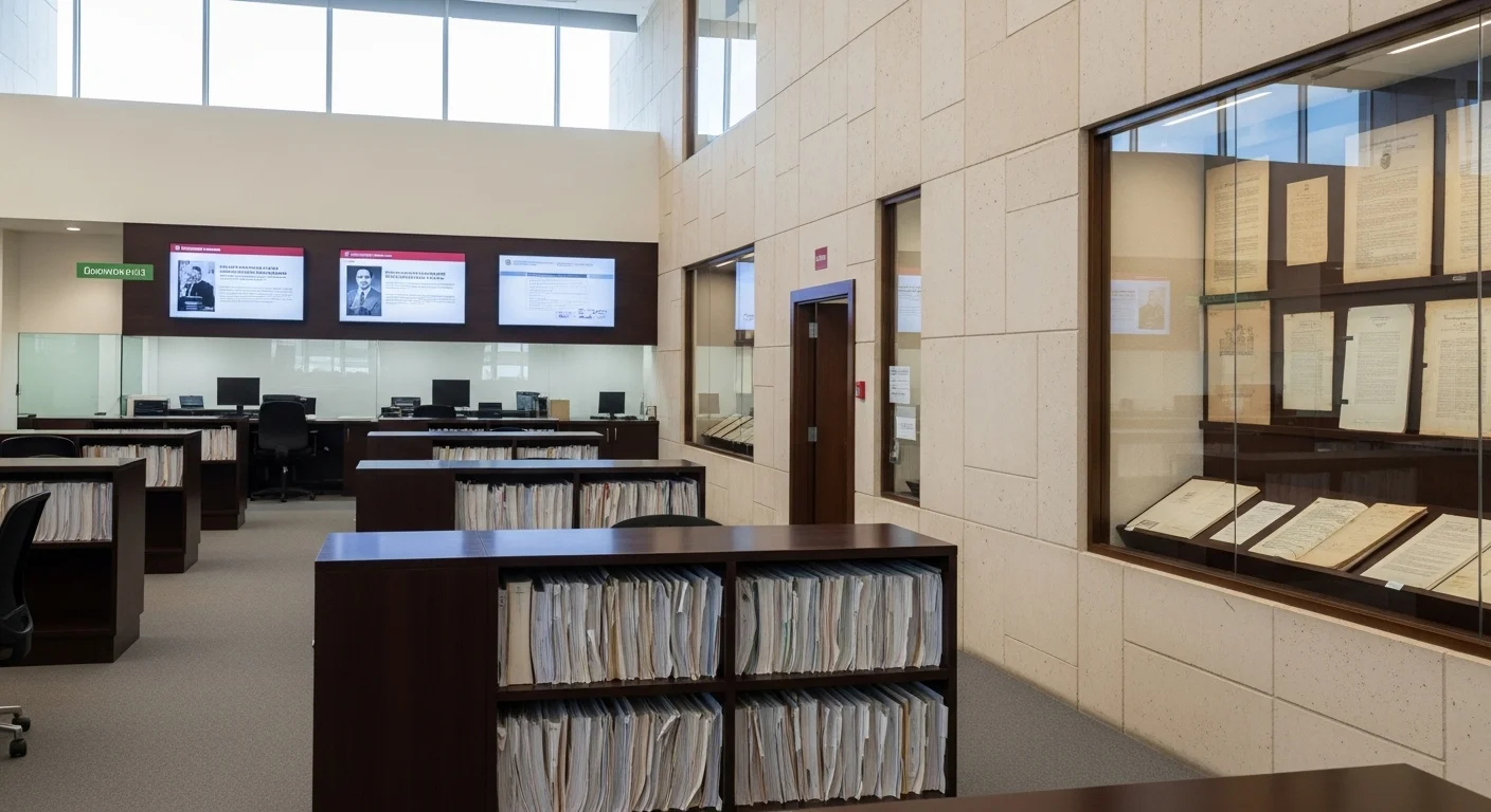 Interior de una oficina del Registro Civil en México, mostrando los archivos y el compromiso del gobierno con la identidad ciudadana.