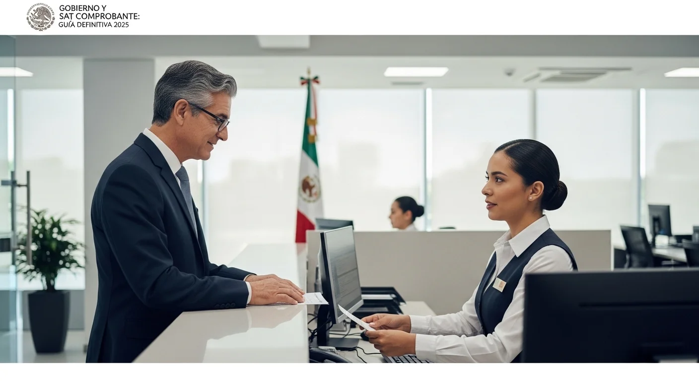 Ciudadano realizando un trámite de un comprobante del SAT en una oficina del gobierno de México.