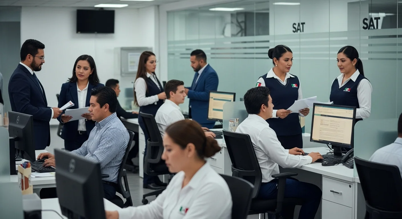 Personas realizando trámites en una oficina del SAT, representando el proceso de las declaraciones sat 2024 para los contribuyentes mexicanos.