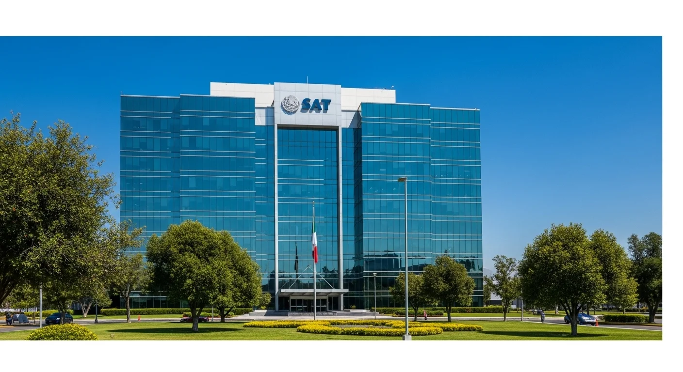 Fachada de un edificio de oficinas del SAT, representando la autoridad del gobierno mexicano en materia fiscal.