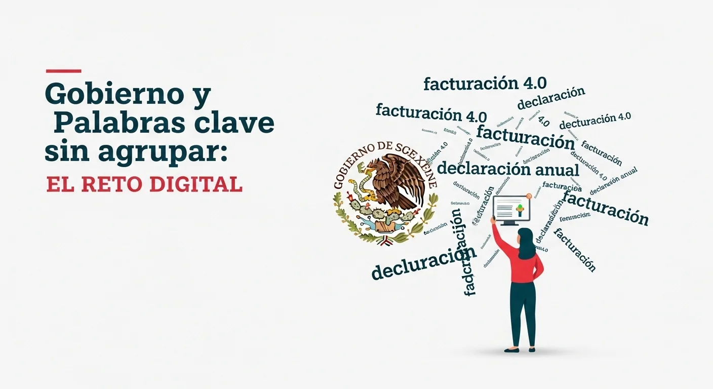 Una ilustración conceptual con el logo del gobierno de México y varias palabras clave como facturación 4.0 y declaración anual flotando desordenadamente.