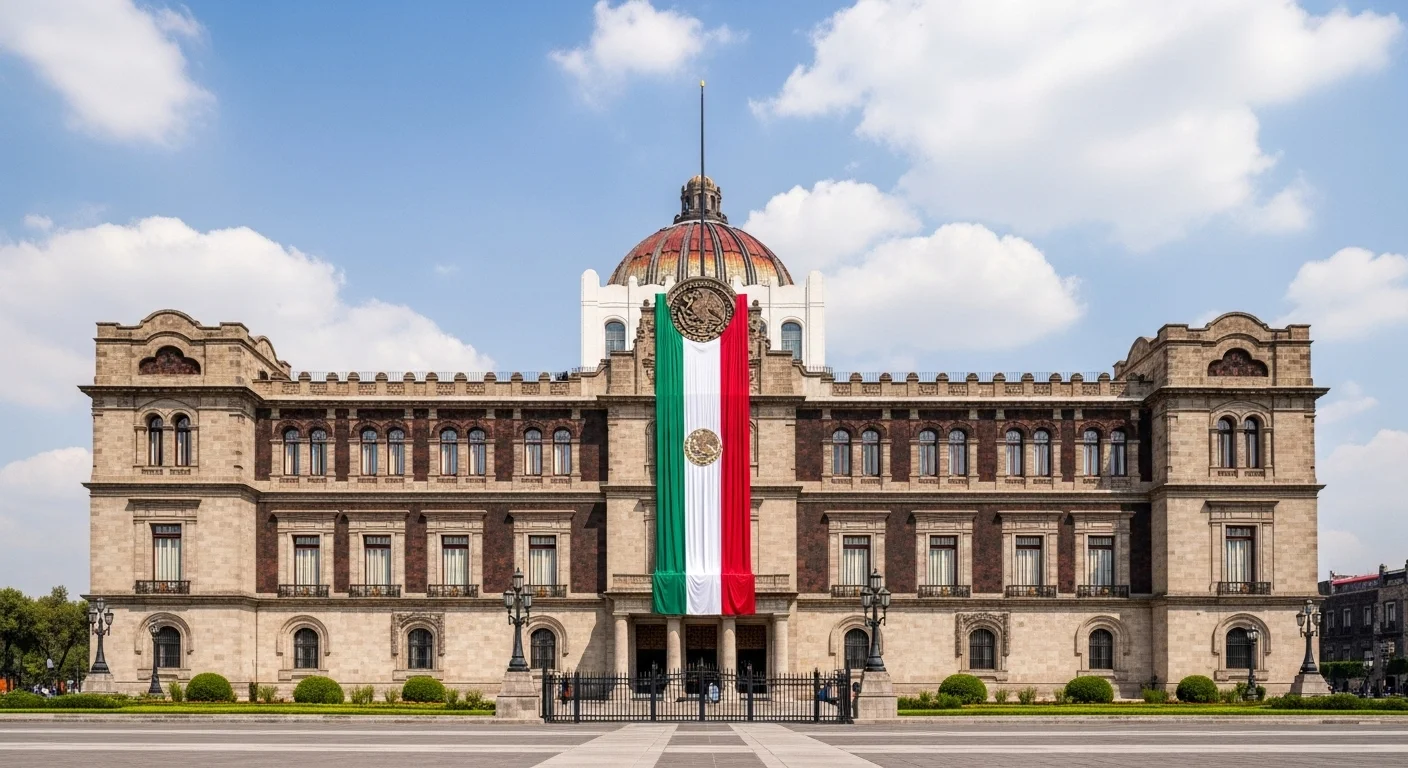 Vista frontal del Palacio Nacional en la Ciudad de México, sede del poder ejecutivo y símbolo del gobierno mexicano que provee los apoyos a la ciudadanía.