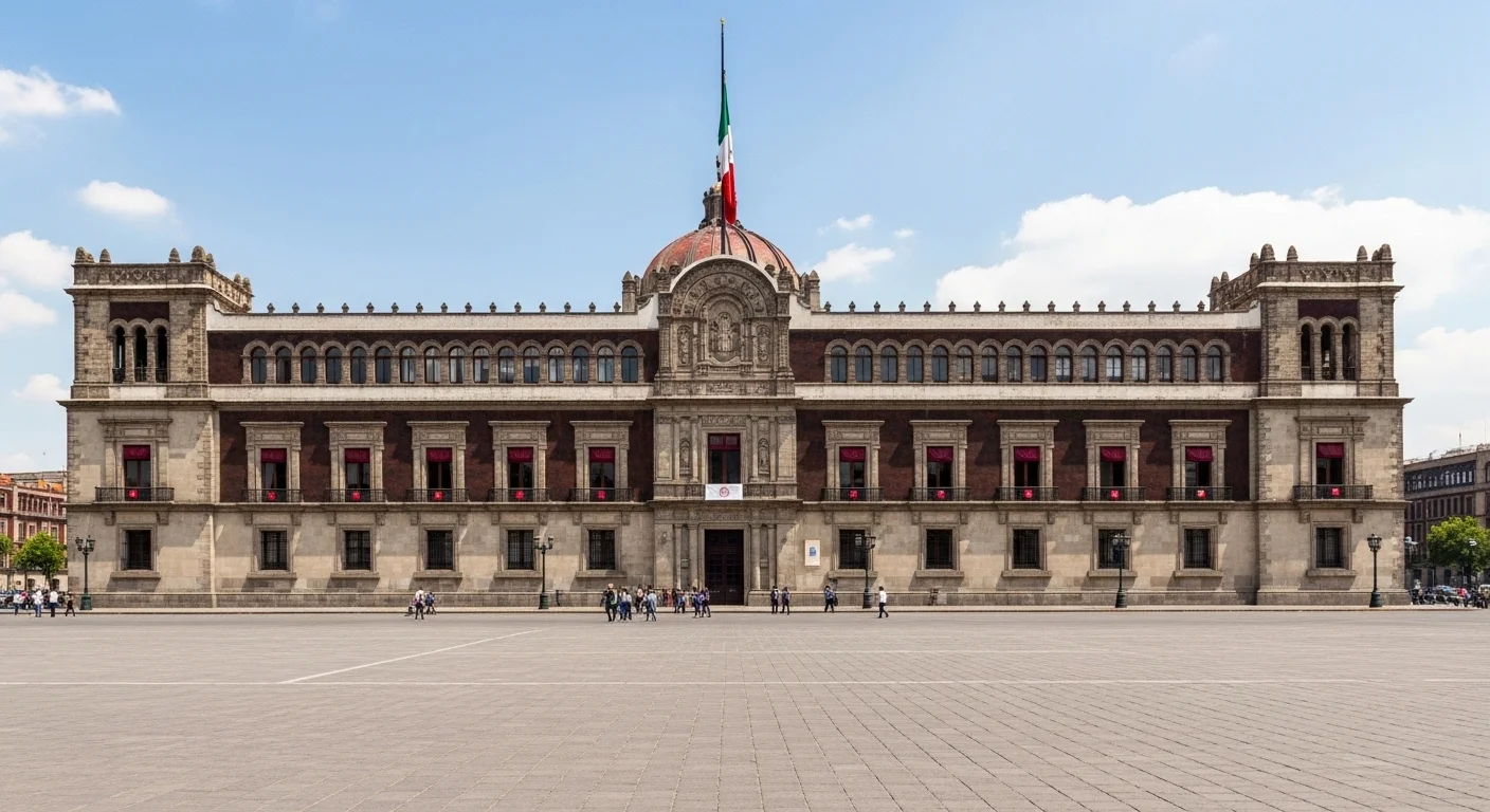Vista frontal del Palacio Nacional en el Zócalo de la Ciudad de México, sede del gobierno de López Obrador.