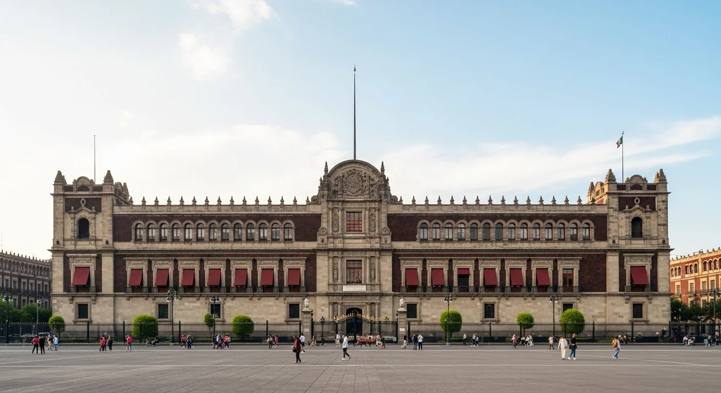 Vista frontal del Palacio Nacional en el Zócalo de la Ciudad de México, símbolo del gobierno mexicano en 2024.