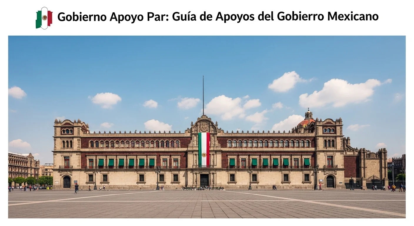 Vista frontal del Palacio Nacional en el Zócalo de la Ciudad de México, sede del gobierno y símbolo de los apoyos gubernamentales.