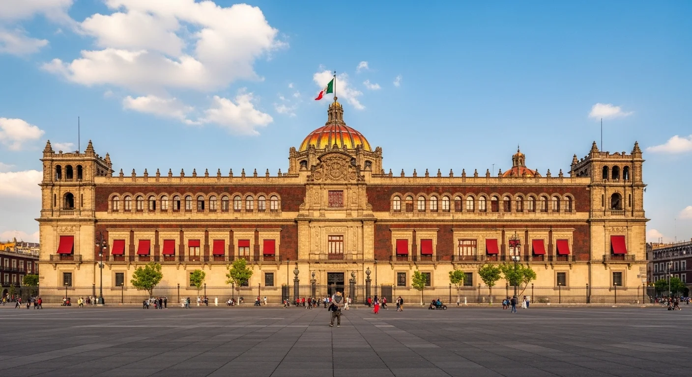 Vista frontal del Palacio Nacional en el Zócalo de la Ciudad de México, sede del gobierno federal y símbolo del tema Presidencial Hoy.