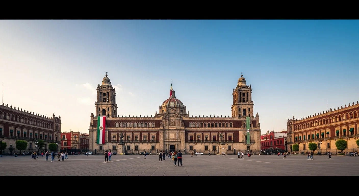 Vista del Palacio Nacional de México, sede del poder ejecutivo y símbolo del gobierno federal mexicano, con el Zócalo al frente.