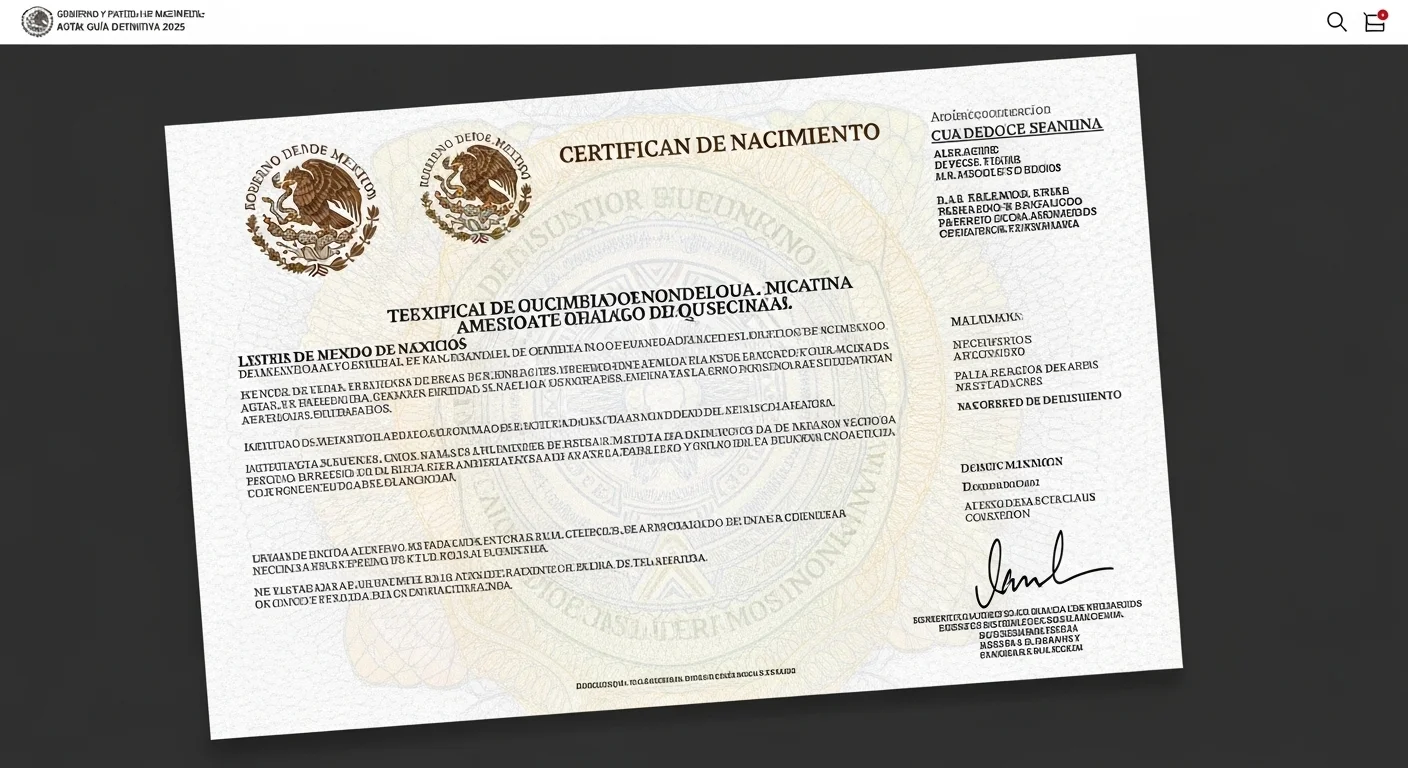 Documento de Partida de Nacimiento Acta expedido por el gobierno de México, mostrando el escudo nacional y elementos de seguridad.