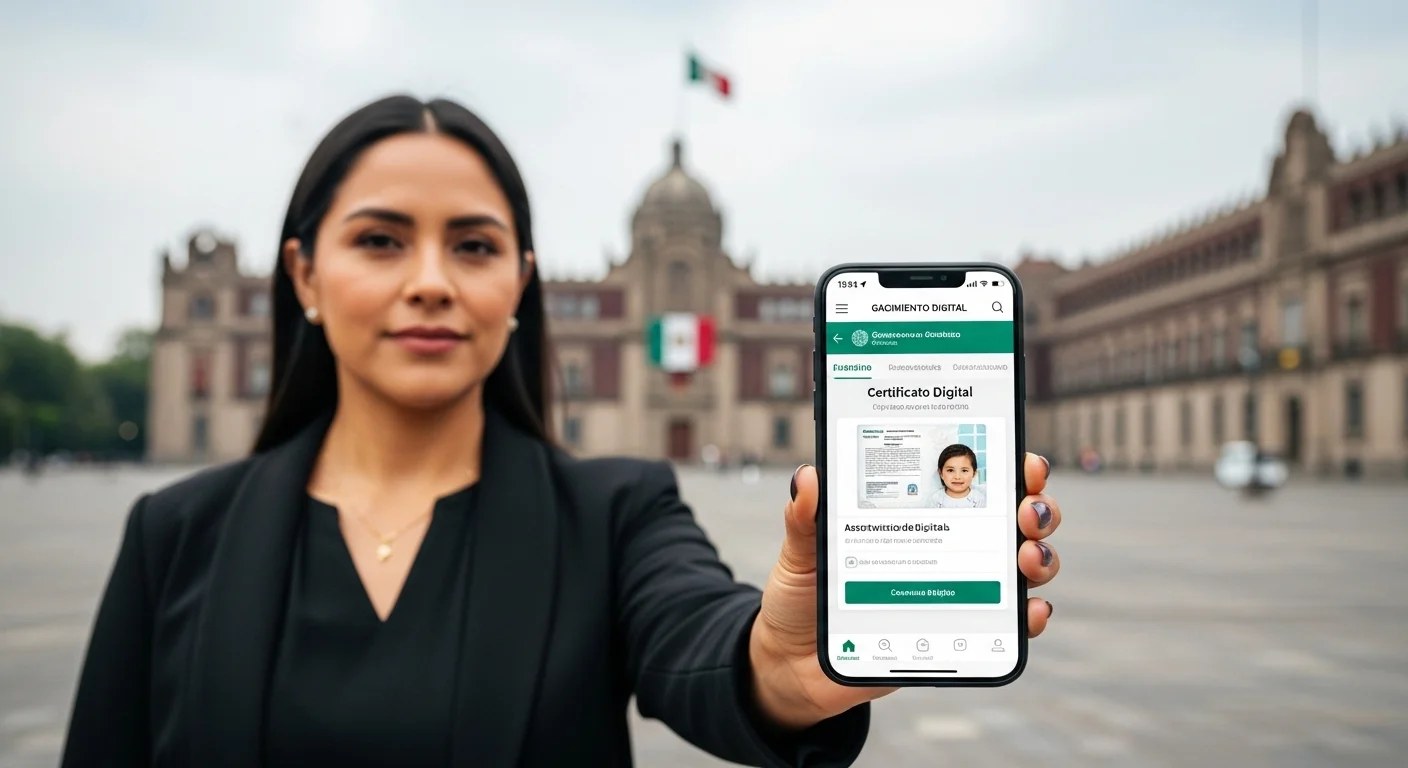 Una persona sostiene un teléfono móvil mostrando el portal del gobierno de México para obtener la partida de nacimiento digital, con el Palacio Nacional de fondo.