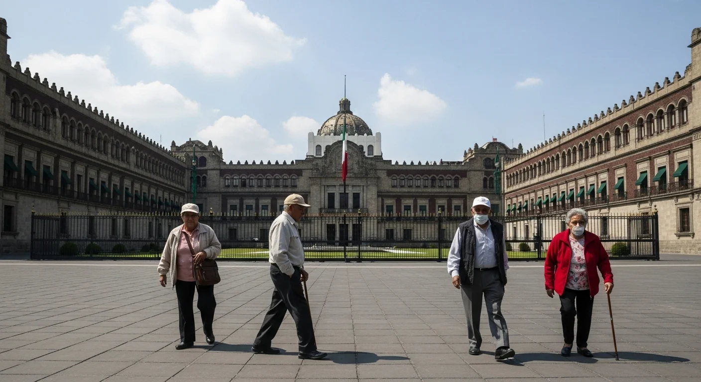 Vista del Palacio Nacional, sede del gobierno de México, con personas mayores caminando al frente, representando las pensiones.