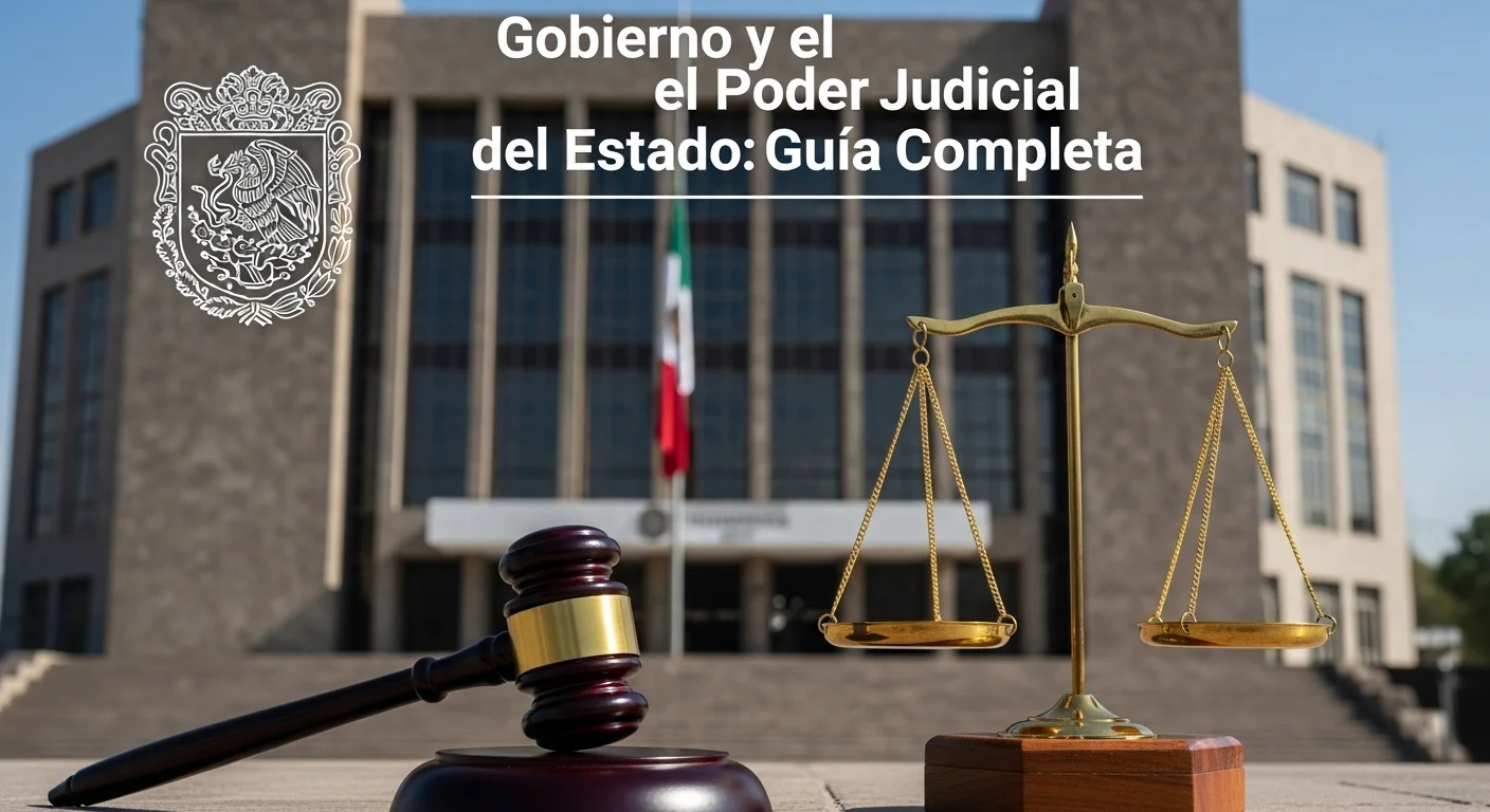 Martillo y balanza de la justicia frente a un edificio gubernamental mexicano, simbolizando la relación entre el gobierno y el Judicial del Estado.