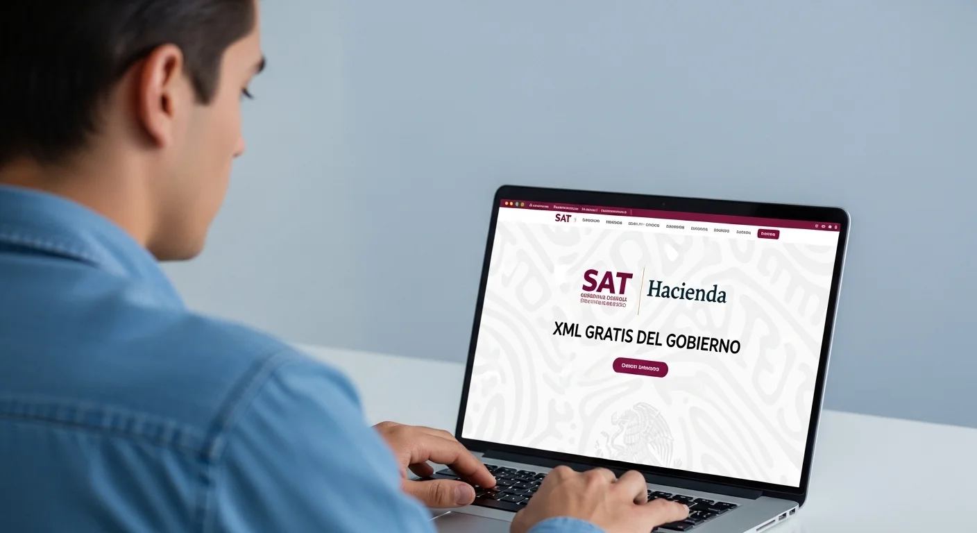 Una persona utilizando una laptop mostrando el portal del SAT del gobierno mexicano, con logos del SAT y de Hacienda, simbolizando la descarga de Xml Gratis.