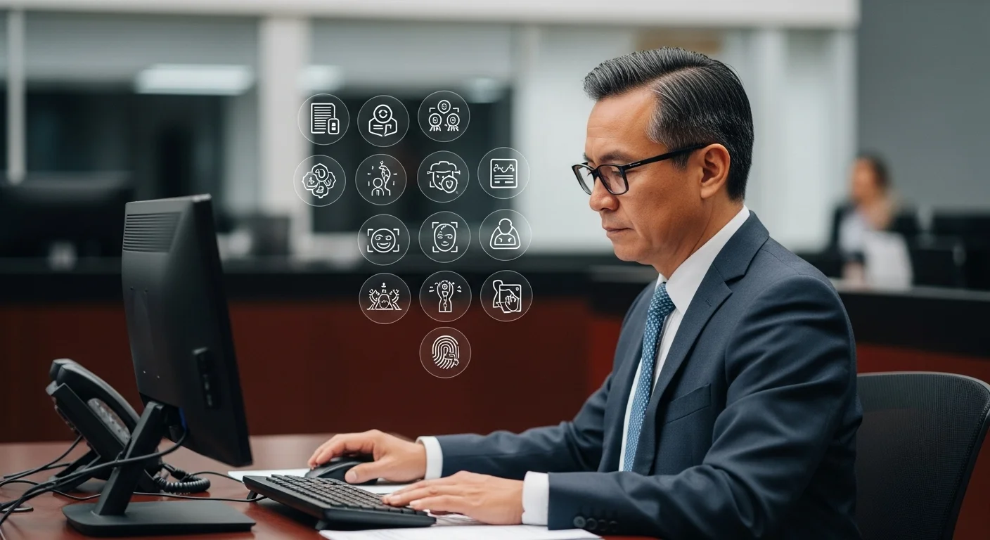 Persona en una oficina del SAT realizando el trámite de su firma electrónica, con iconos de seguridad digital y biométricos alrededor.