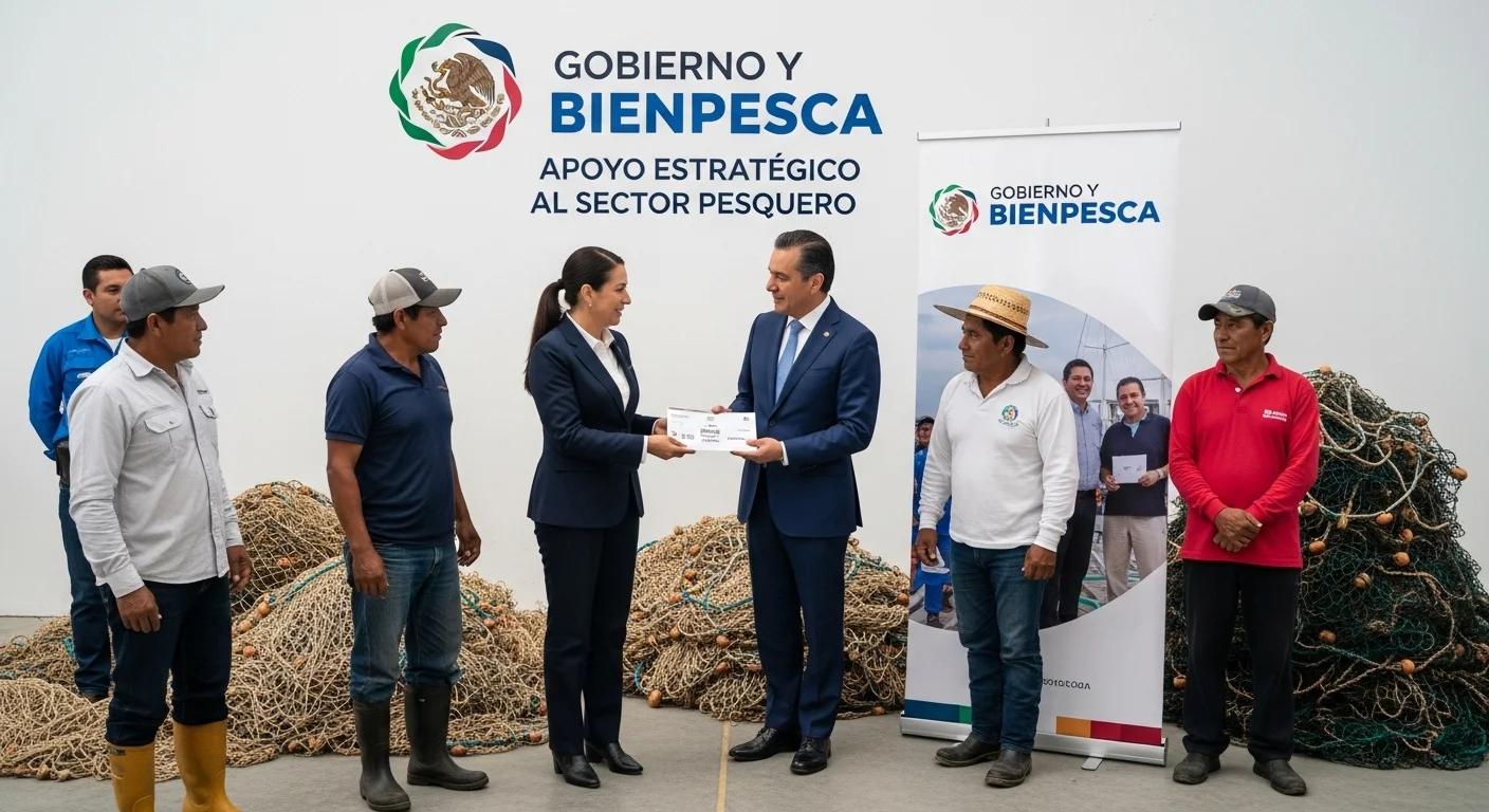 Pescadores mexicanos recibiendo apoyo del programa Bienpesca del gobierno federal