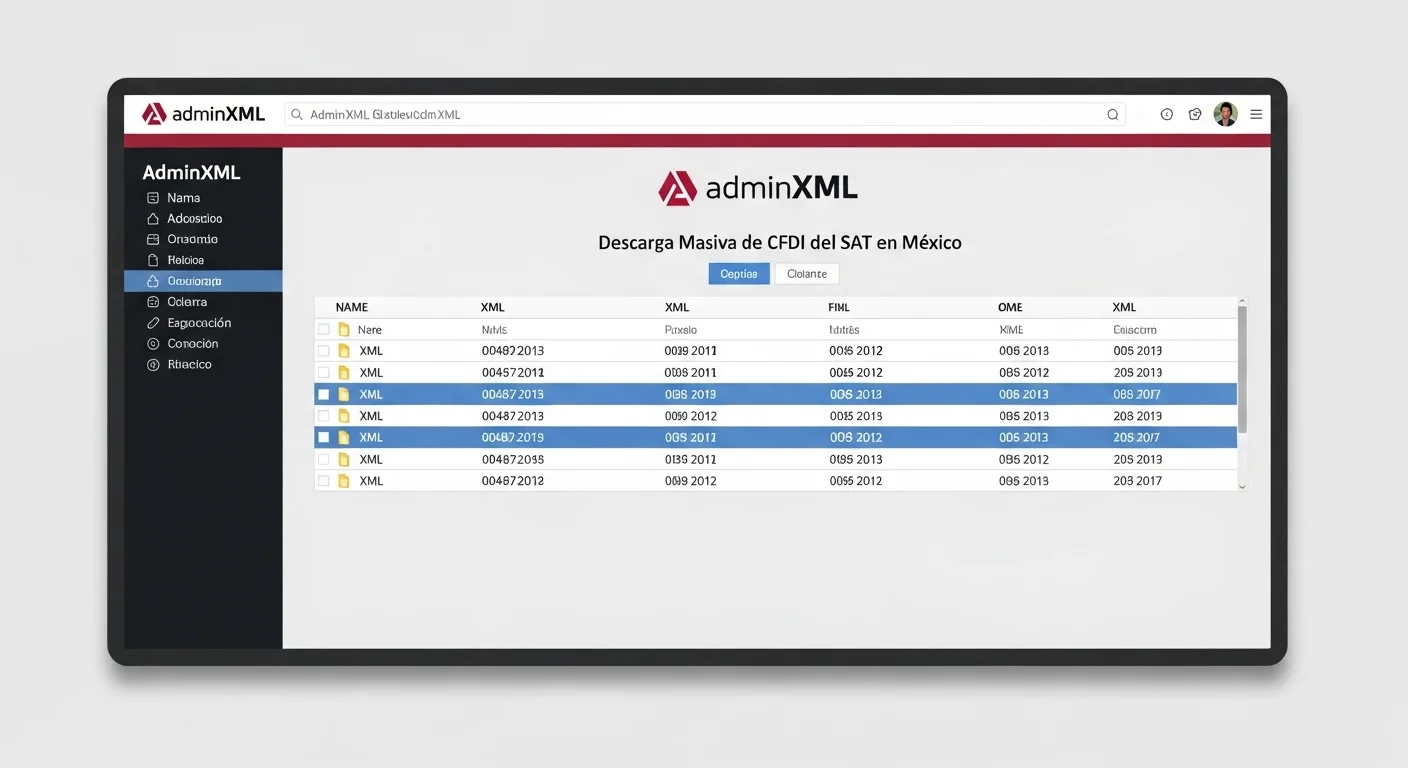 Interfaz de un programa para descarga de CFDI masiva, mostrando una lista de archivos XML y el logo de AdminXML.