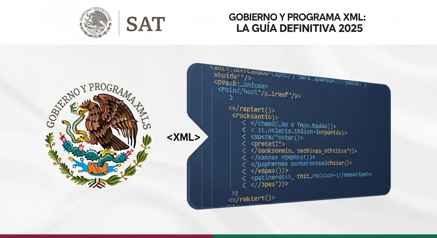 Una imagen conceptual que muestra el escudo del gobierno de México junto a un código XML, simbolizando la fiscalización digital del SAT.