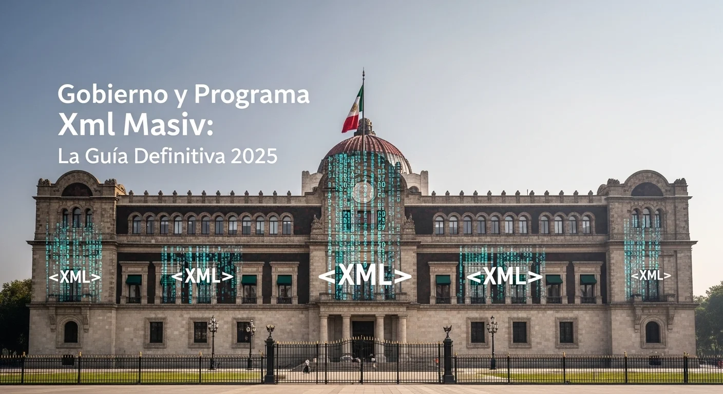 Imagen ilustrativa del Palacio Nacional de México, representando al gobierno, con una superposición de código XML, simbolizando el Programa Xml Masiv y la fiscalización del SAT.
