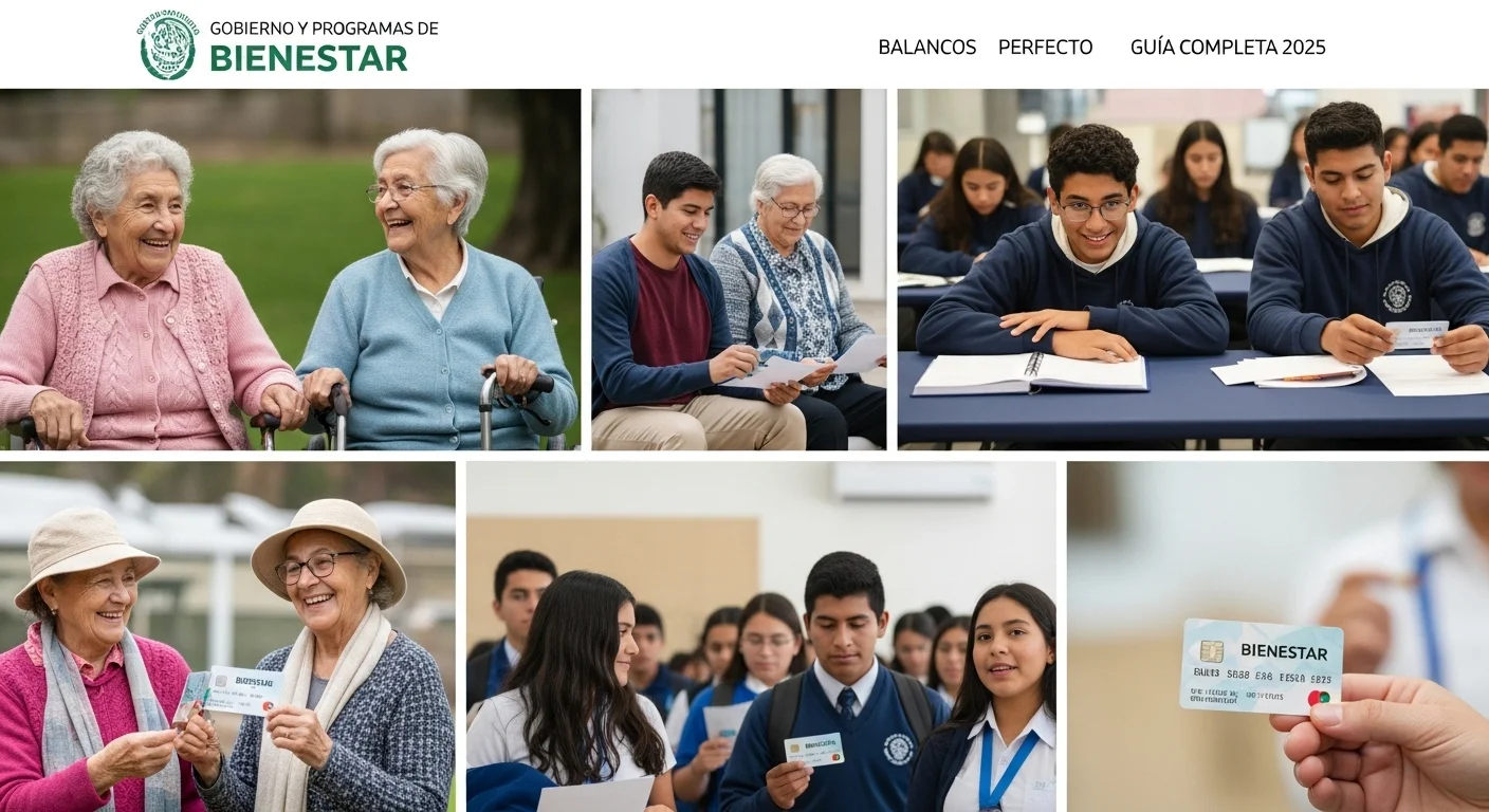 Collage de imágenes representativas de los Programas de Bienestar del gobierno de México, mostrando adultos mayores, jóvenes y la tarjeta del Bienestar.