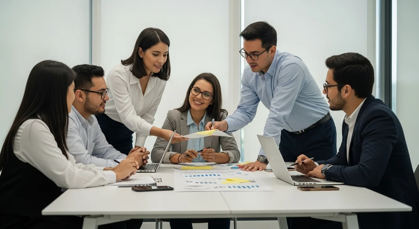 Emprendedores mexicanos en una reunión de trabajo, discutiendo los programas gubernamentales y apoyos federales disponibles.
