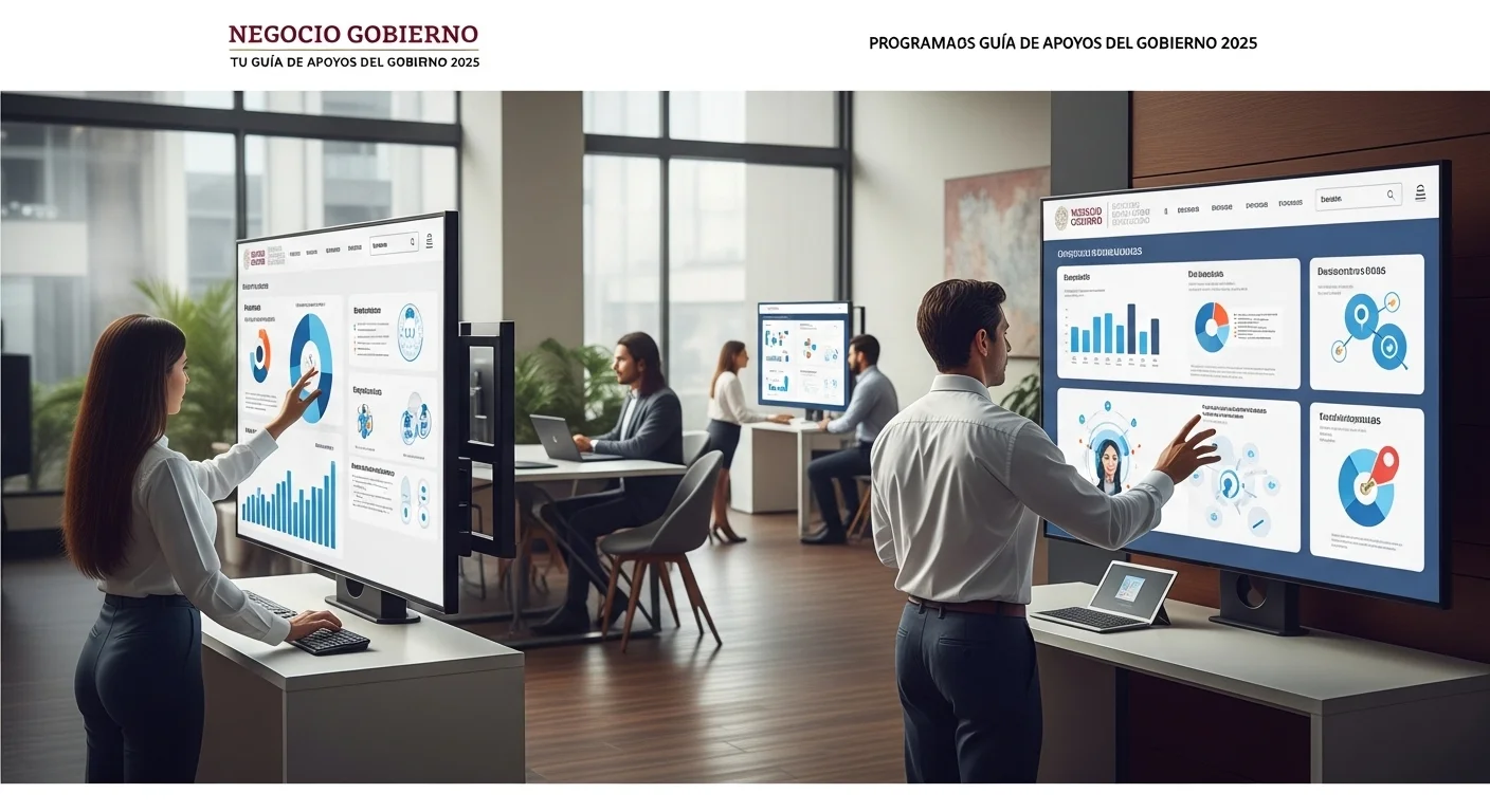 Gráficos y documentos que representan los diversos programas de gobierno para negocios y el apoyo a PyMEs en México.