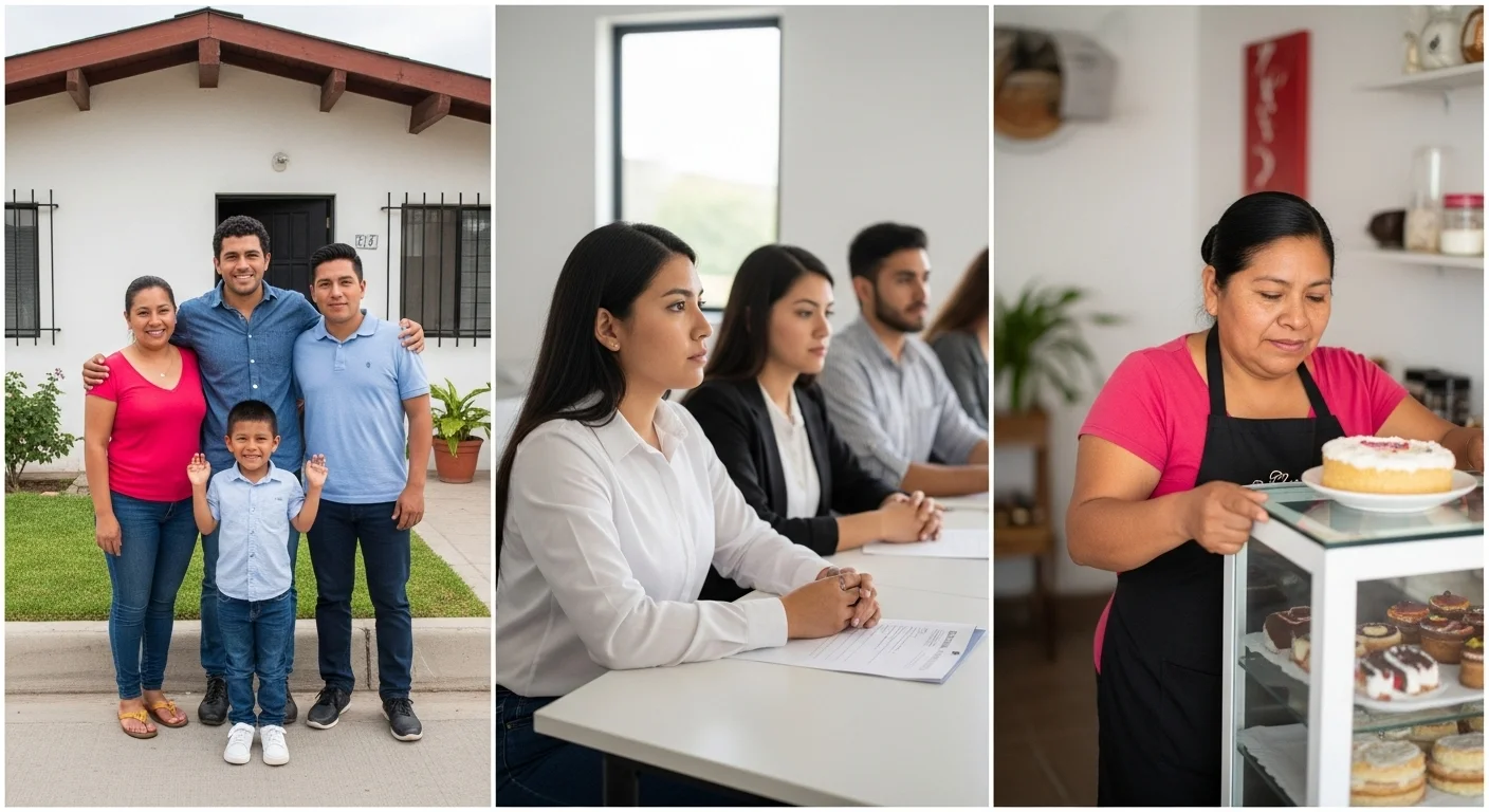 Collage de imágenes mostrando a beneficiarios de los programas del gobierno mexicano: una familia frente a su casa, jóvenes en capacitación y una persona atendiendo su pequeño negocio.