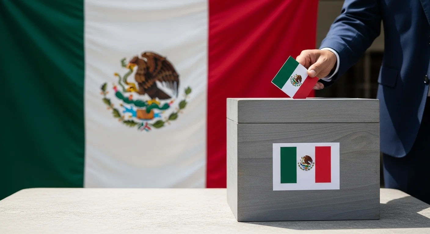 Urna electoral con la bandera de México al fondo, simbolizando las próximas elecciones y el futuro del gobierno.