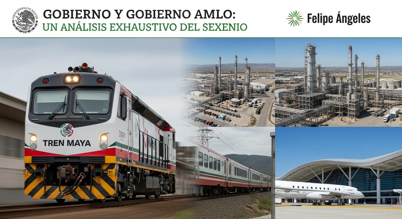 Montaje de imágenes mostrando los proyectos emblemáticos del gobierno de AMLO: el Tren Maya, la Refinería de Dos Bocas y el Aeropuerto Felipe Ángeles.