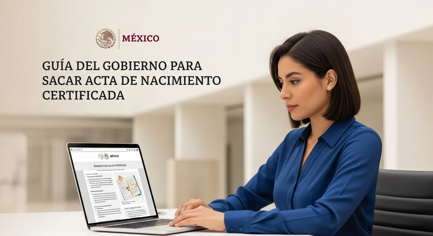 Una persona utilizando una laptop para sacar acta de nacimiento en el portal del gobierno de México, con el logo del gobierno visible.