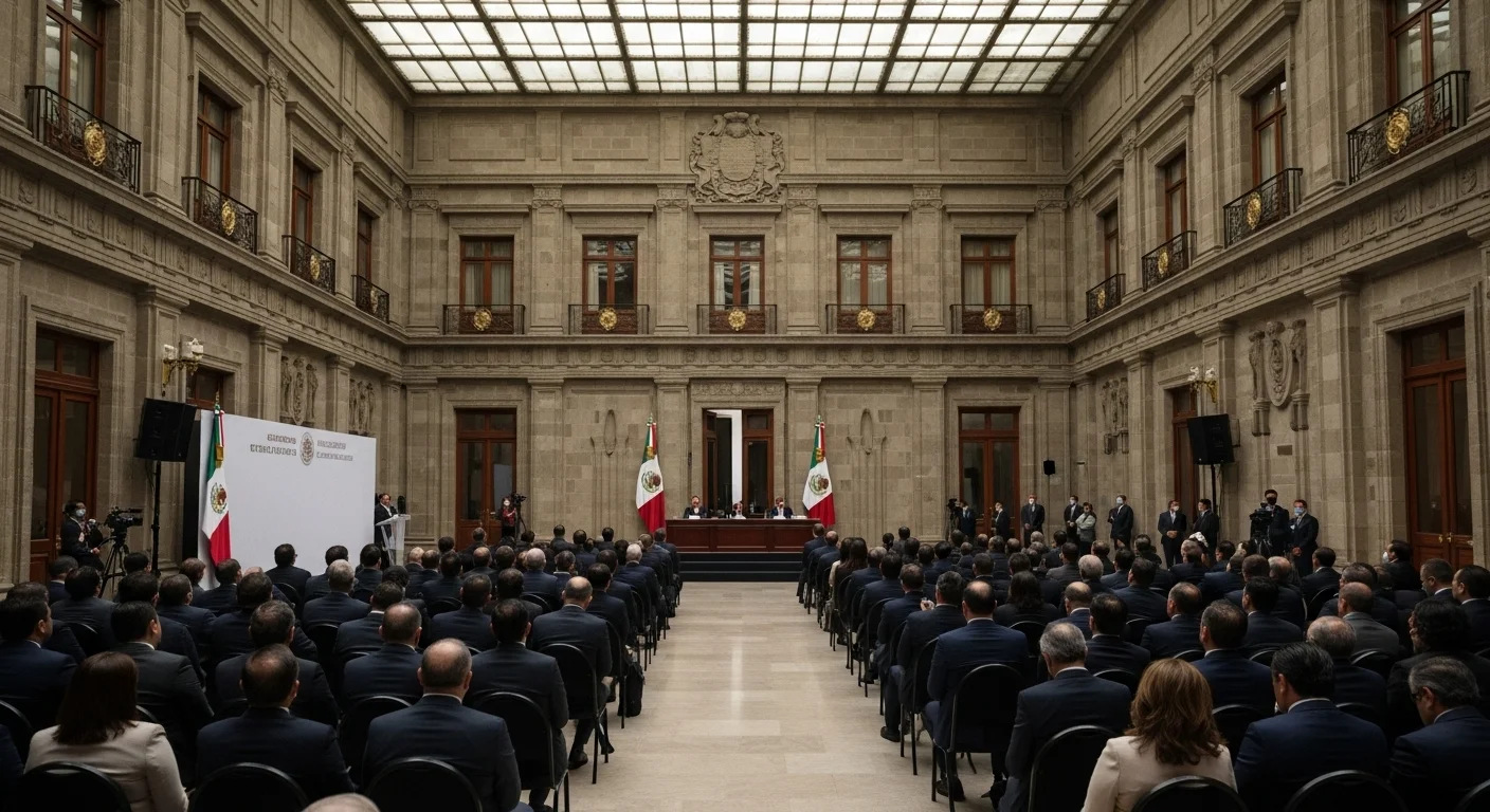 El Salón Tesorería de Palacio Nacional, escenario de conferencias del gobierno mexicano y anuncios de los Secretarios de Estado.