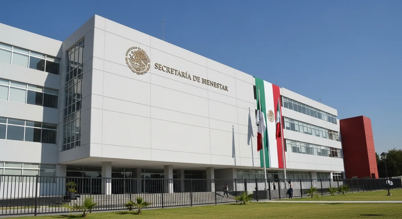 Edificio de la Secretaría de Bienestar del gobierno mexicano con el logotipo oficial visible, representando los programas sociales.