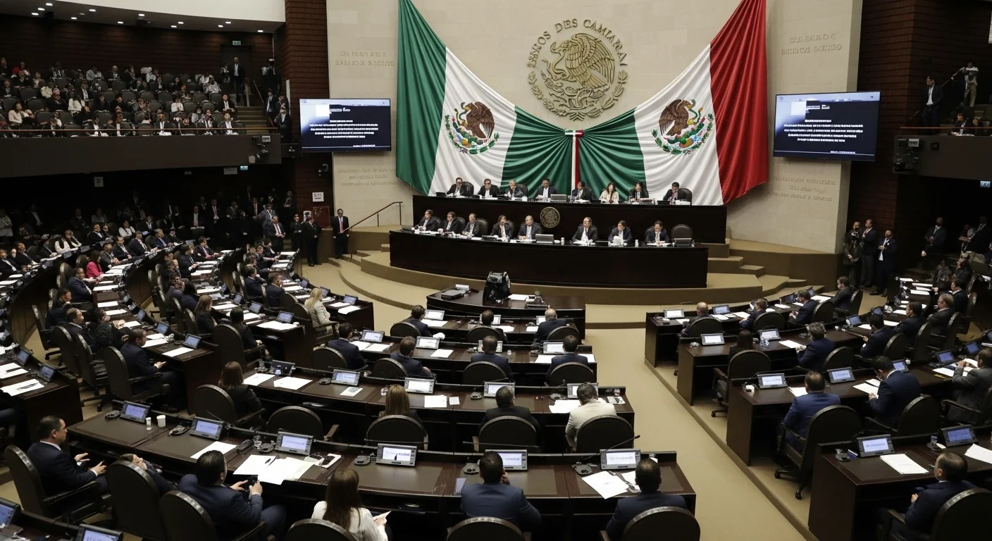 Vista panorámica del interior de la Cámara de Diputados durante una sesión, mostrando a los legisladores en sus curules frente a la Mesa Directiva, símbolo del gobierno y la democracia en México.