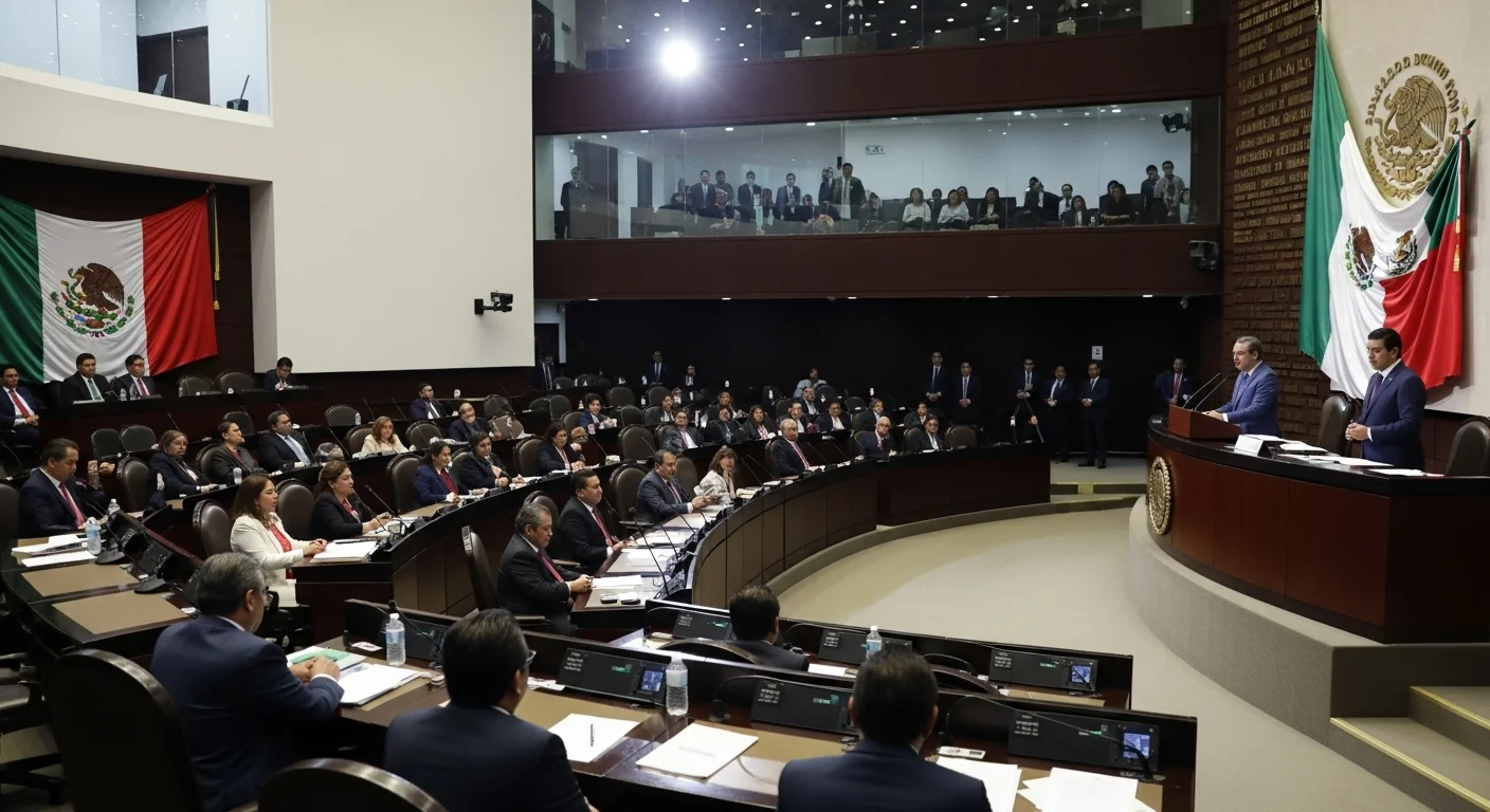 Vista interior del salón de plenos de la Cámara de Diputados durante una sesión, un elemento clave del gobierno de México.