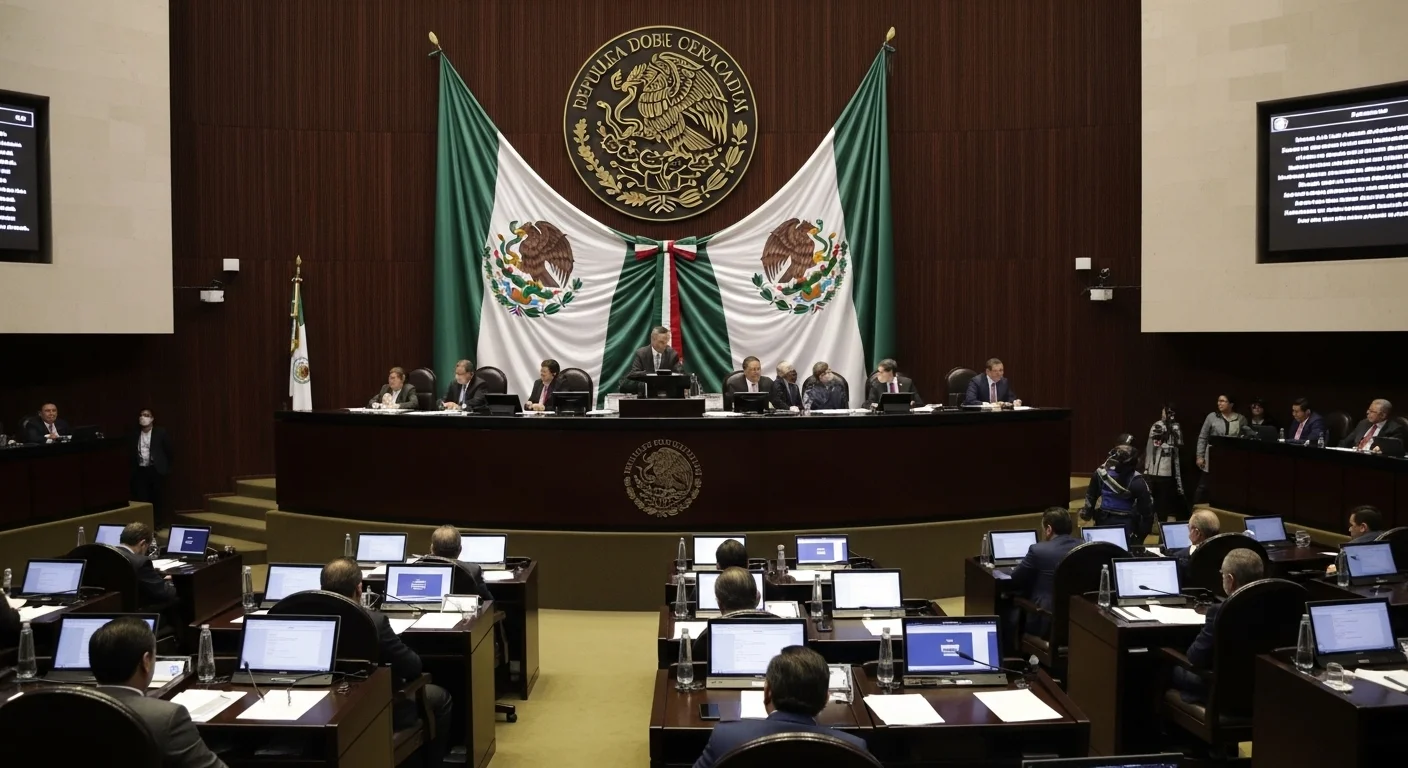 Vista del salón de plenos del Senado de la República durante una sesión, mostrando a los senadores del gobierno mexicano en sus escaños.