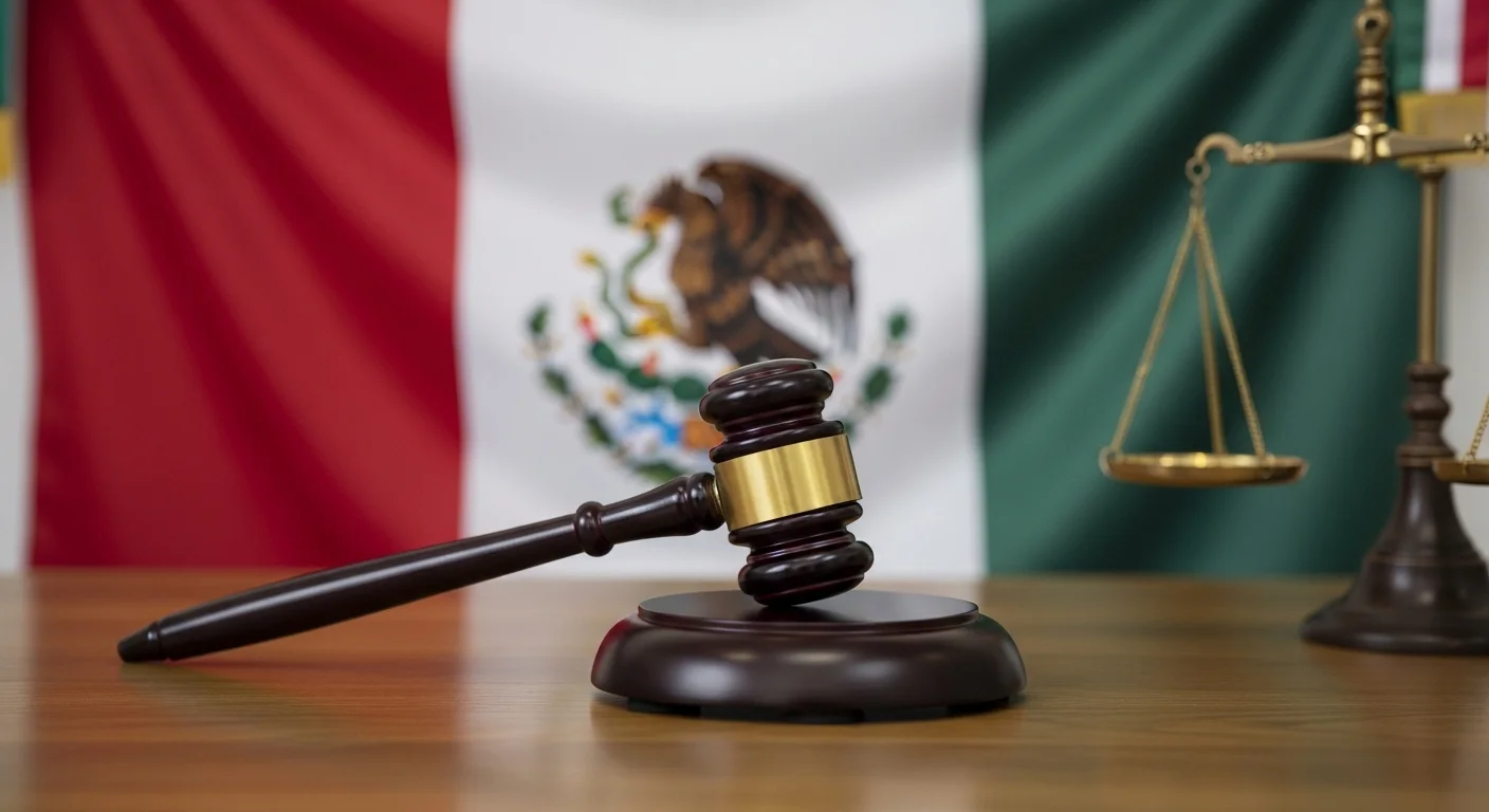 Martillo de juez y bandera de México, simbolizando la justicia del gobierno mexicano en el ámbito penal.