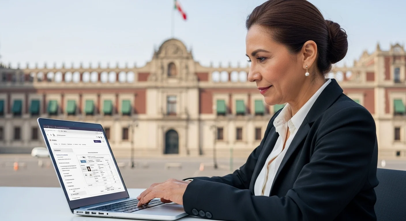 Una persona utilizando una laptop para solicitar partida de nacimiento online en el portal del gobierno de México, con el Palacio Nacional de fondo.