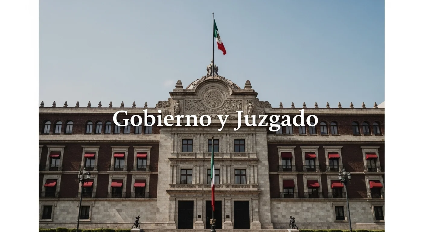 Fachada de la Suprema Corte de Justicia de la Nación, símbolo del juzgado y gobierno en México, con el texto 'Gobierno y Juzgado' superpuesto.
