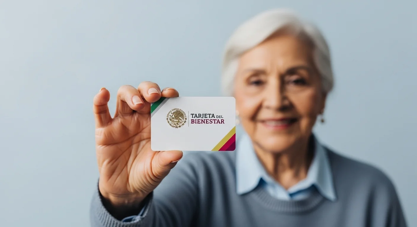 Imagen de primer plano de la Tarjeta del Bienestar, símbolo de los programas de apoyo del gobierno de México, sostenida por una persona.